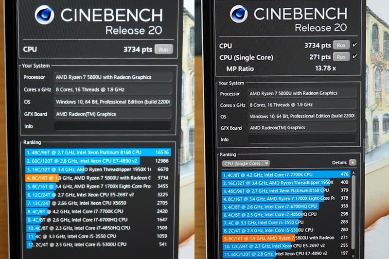 Cinebench Release 20によるHP Pavilion Aero Laptop13-beのCPUベンチマーク