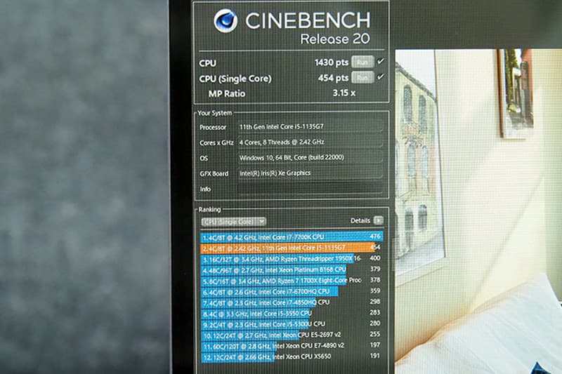 Surface Laptop Go 2のCinebench Release 20によるCPUベンチマーク