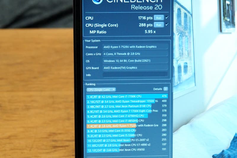 Lenovo IdeaPad Slim 170のCinebench Release 20によるCPUベンチマーク