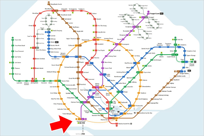 MRTのアドベンチャーコーブウォーターパークの最寄り駅路線図