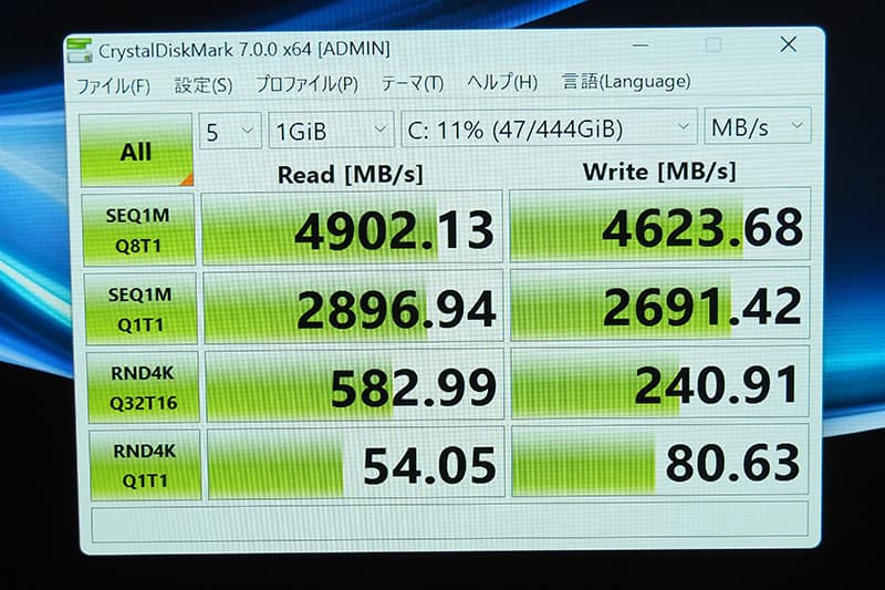 HP ProBook 445 G11のCrystalDiskMarkによるSSDベンチマーク