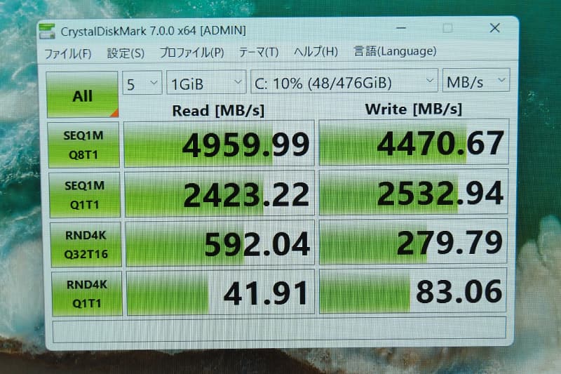 HP ProBook 460 G11のCrystalDiskMarkによるSSDベンチマーク