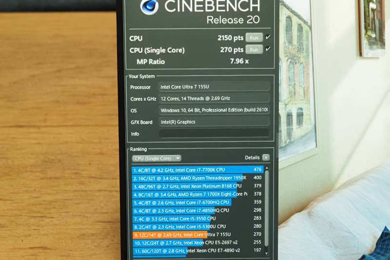 富士通 LIFEBOOK WU5 J3のCinebench Release 20によるCPUベンチマーク