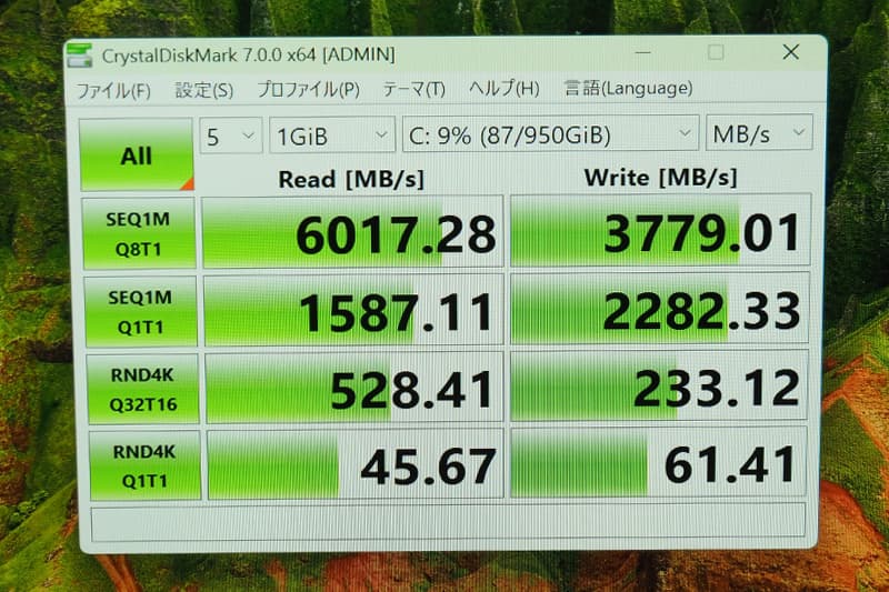 富士通 LIFEBOOK WU4 J3のCrystalDiskMarkによるSSDベンチマーク