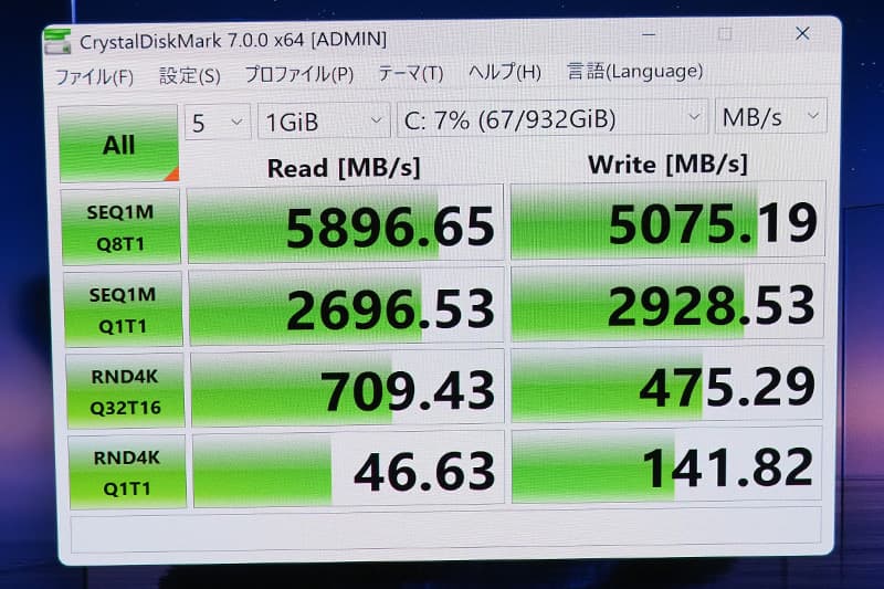 Dell 14 Premium DA14250のCrystalDiskMarkによるSSDベンチマーク
