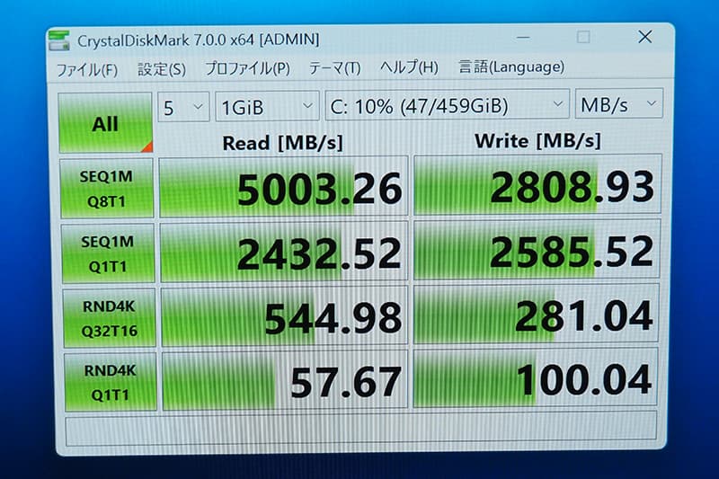 CrystalDiskMarkによるdynabook GR/ZZのSSDベンチマーク