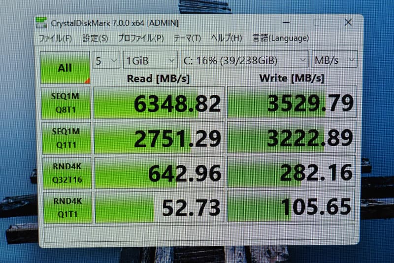 HP EliteDesk 8 Mini G1a Desktop PCのCrystalDiskMarkによるSSDベンチマーク